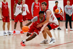 Prince Alexander Moody handles the ball in an IU practice.