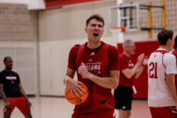 Trent Sisley celebrates a play at IU basketball practice.
