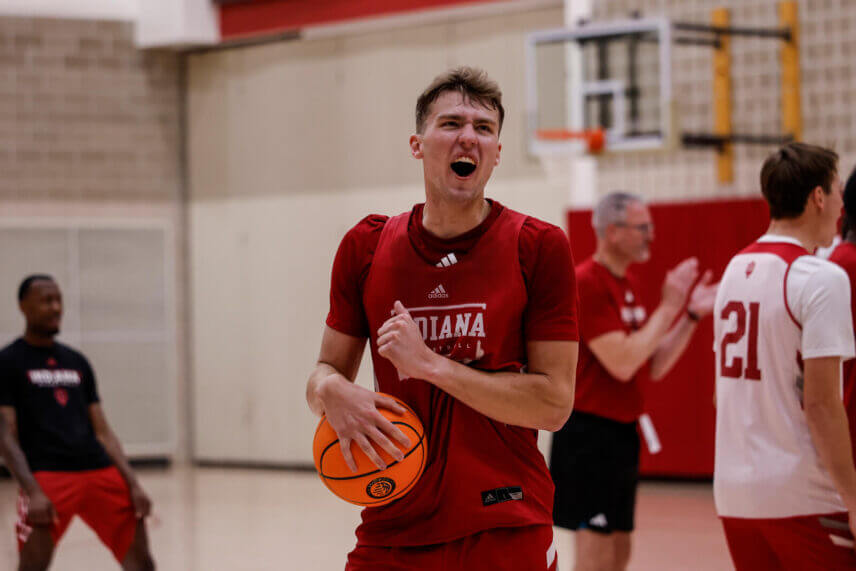 Trent Sisley celebrates a play at IU basketball practice.