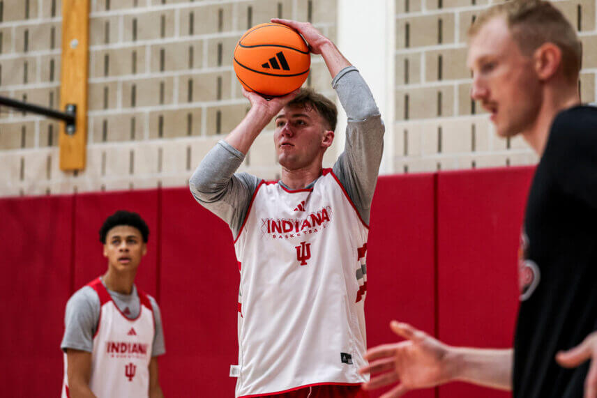 Trent Sisley attempts a shot at IU basketball practice.