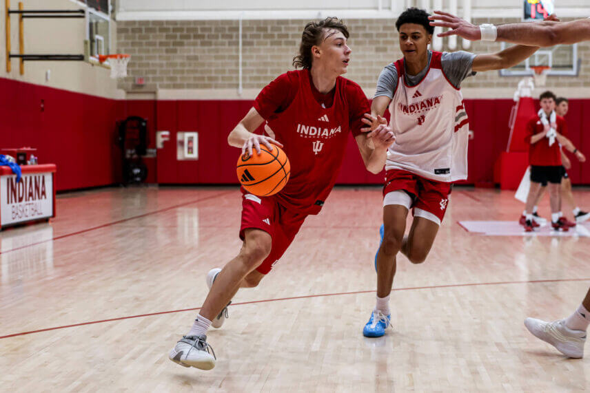Vaughn Karvala handles the ball at IU basketball practice.