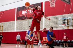 Vaughn Karvala goes up for a dunk at IU basketball practice.