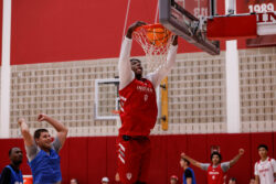 Aiden Sherrell dunks the ball at an IU basketball practice.