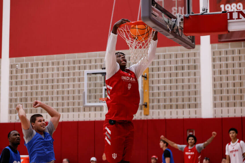 Aiden Sherrell dunks the ball at an IU basketball practice.
