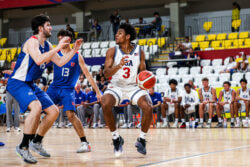 Jaeden Mustaf waits to make a pass in the FISU America Games.