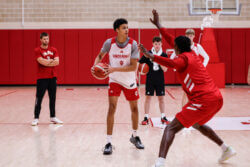Trevor Manhertz handles the ball on the perimeter.