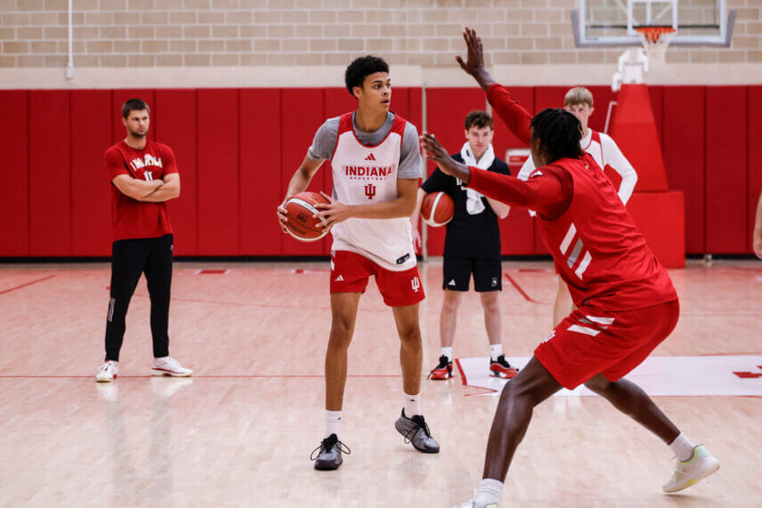 Trevor Manhertz handles the ball on the perimeter.