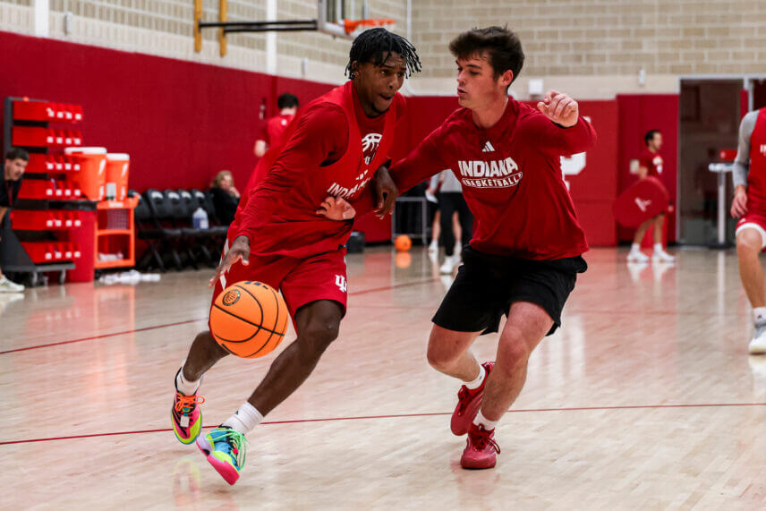 Markus Burton handles the ball at an IU basketball practice.