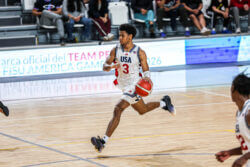 Jaeden Mustaf dribbles the ball up the court in the FISU America Games.