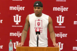 Amare Ferrell addresses the media following IU football practice.