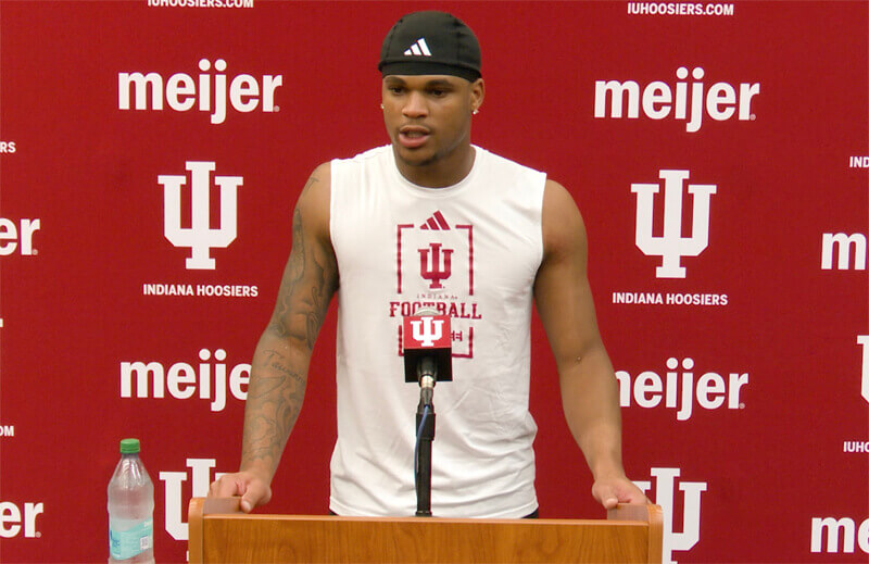 Amare Ferrell addresses the media following IU football practice.