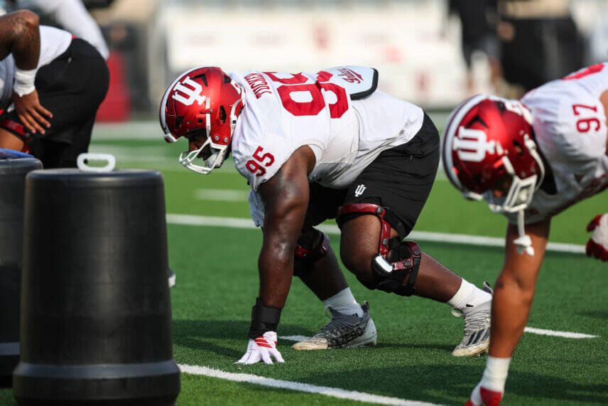 Tyrique Tucker on the defensive line for IU football at practice.
