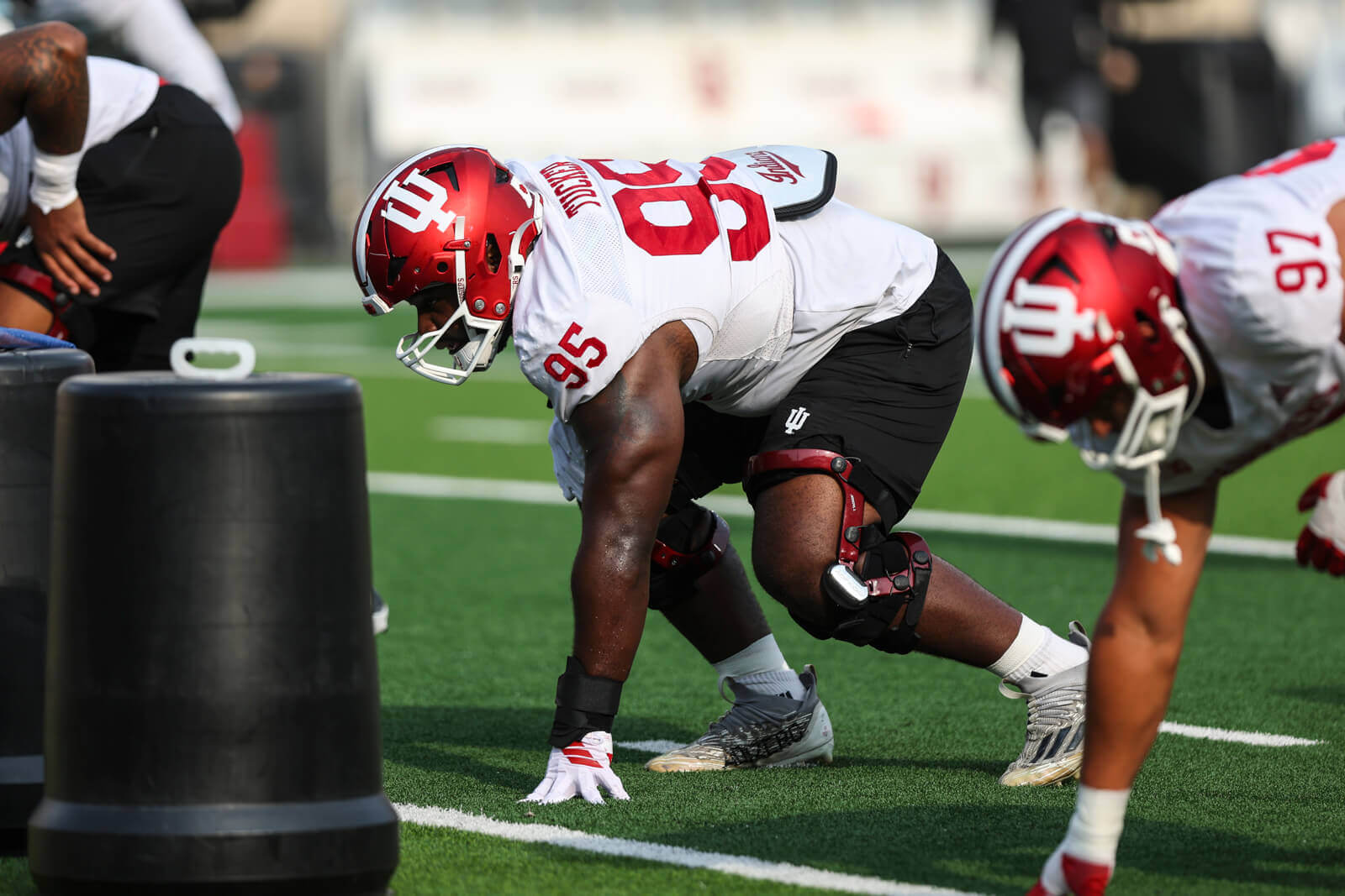 Tyrique Tucker on the defensive line for IU football at practice.