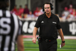 Curt Cignetti roams the sideline at Memorial Stadium.