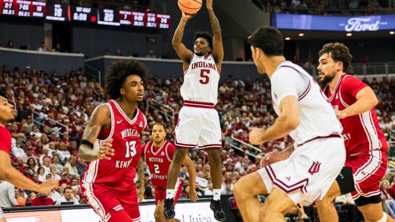 Markus Burton attempts a shot in IU's exhibition win against Western Kentucky.